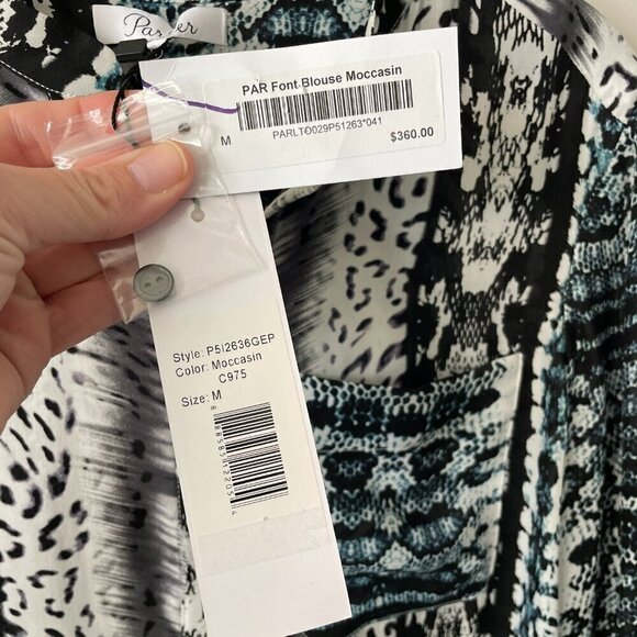 Parker SILK Long Sleeve Patterned Casual Blouse Moccasin Black White Medium NEW - Picture 12 of 12